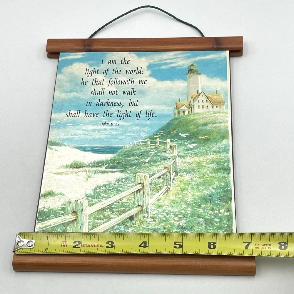 Vintage 1980s Christian Lighthouse Wall Hanging John 8:12 Foil‎ Art Plaque 9x7